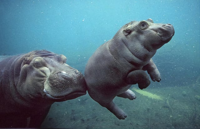 河马妈妈教她的宝宝游泳