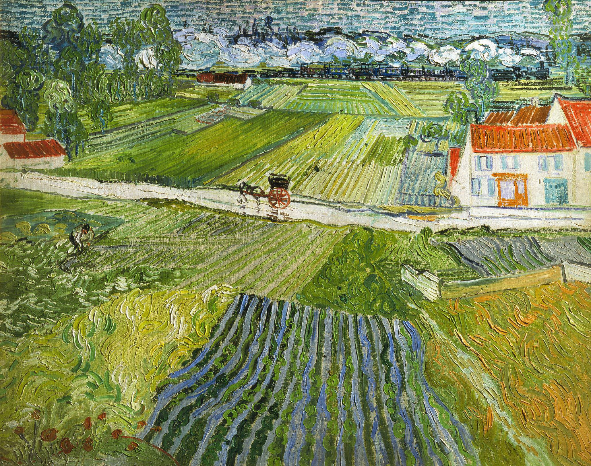 文森特-梵高的画作《雨后奥维尔的风景》（有马车和火车的风景）